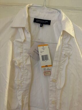 Jones New York White Ruffle Front Button-Up Blouse